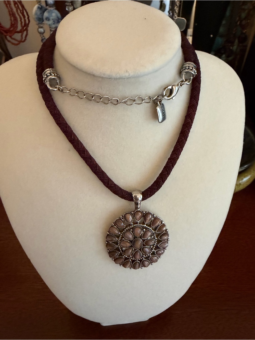 Chaps Brown Cord Necklace with Floral Silver-Tone Pendant